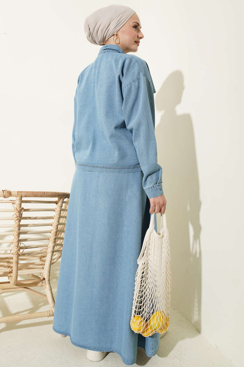 Denim Jacket and Skirt Two-Piece Set Light Blue - immagine 3
