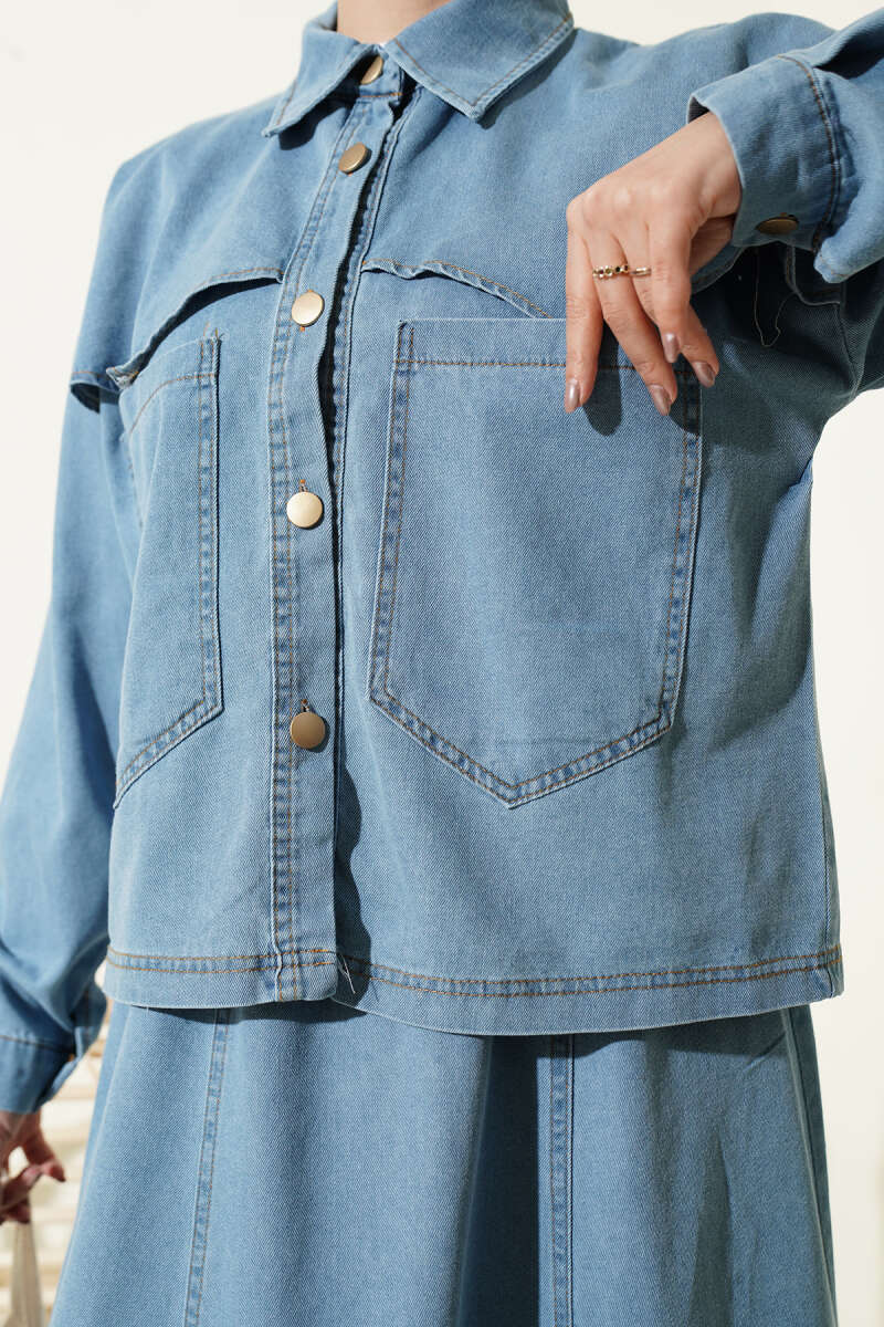 Denim Jacket and Skirt Two-Piece Set Light Blue - immagine 4