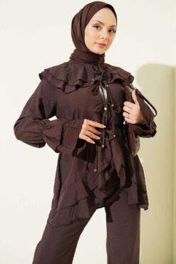 Alternative view of Double Collar Tied Two-Piece Set Brown