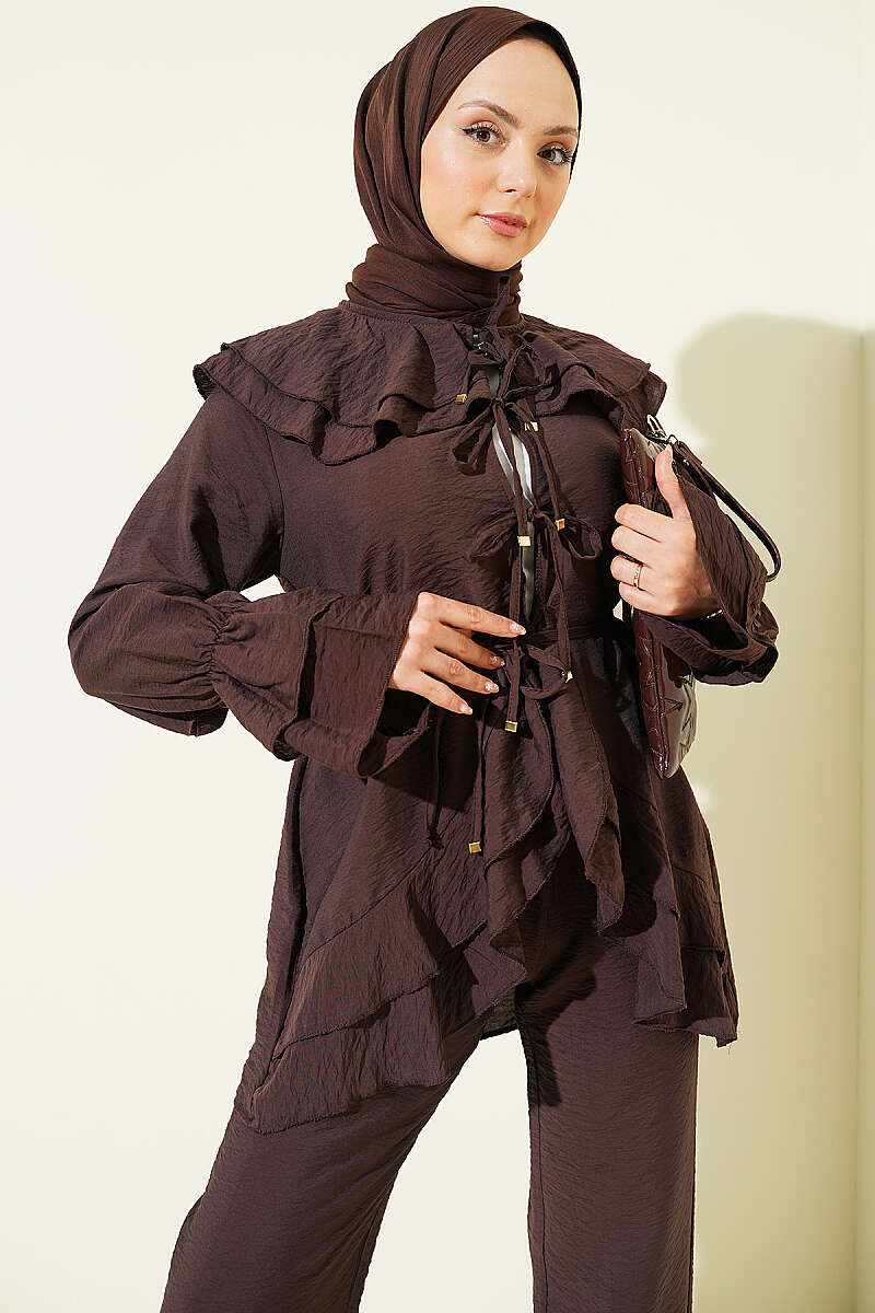 Double Collar Tied Two-Piece Set Brown – Bild 2