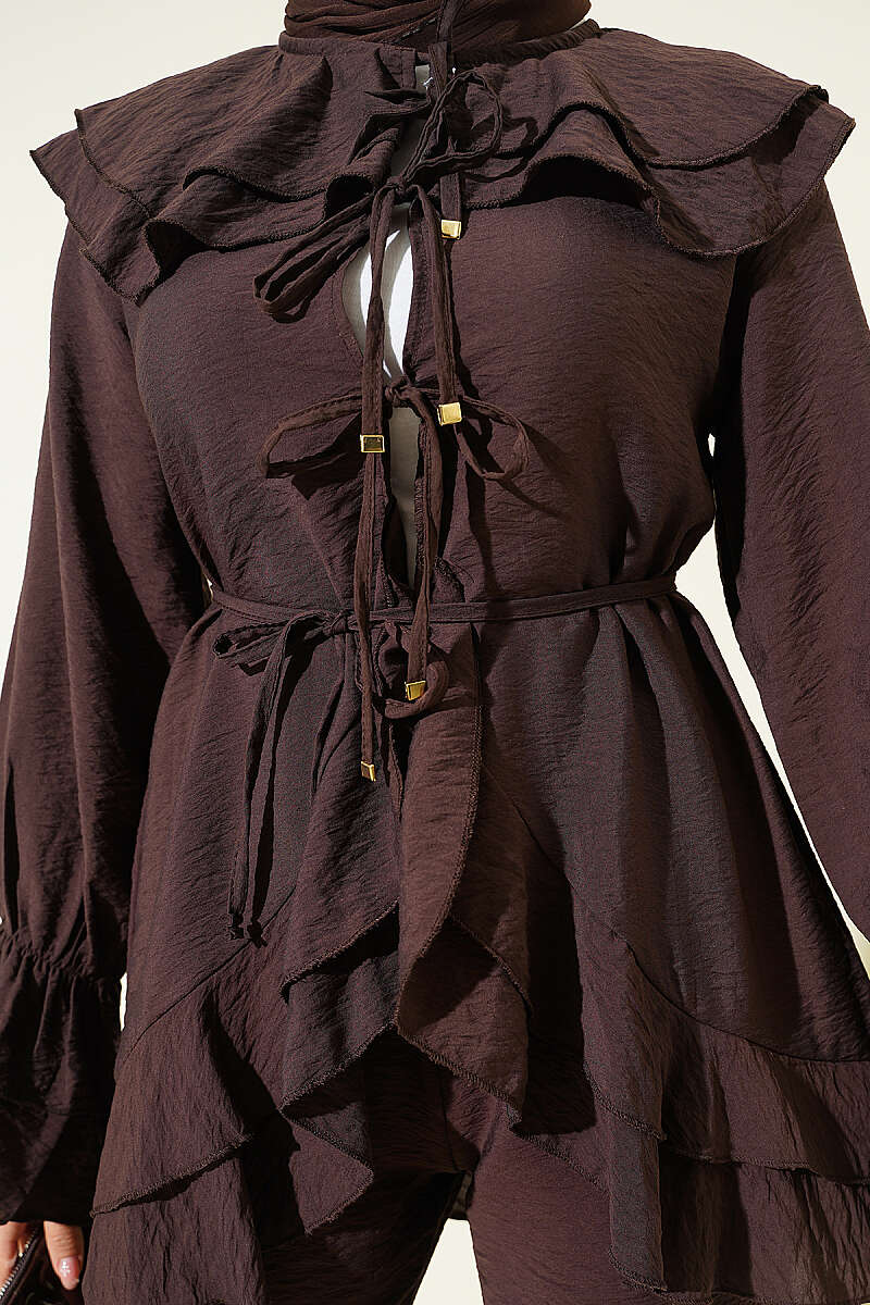 Double Collar Tied Two-Piece Set Brown – Bild 4