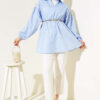 Striped Balloon Sleeve Waist Elastic Tunic Blue – Bild 2