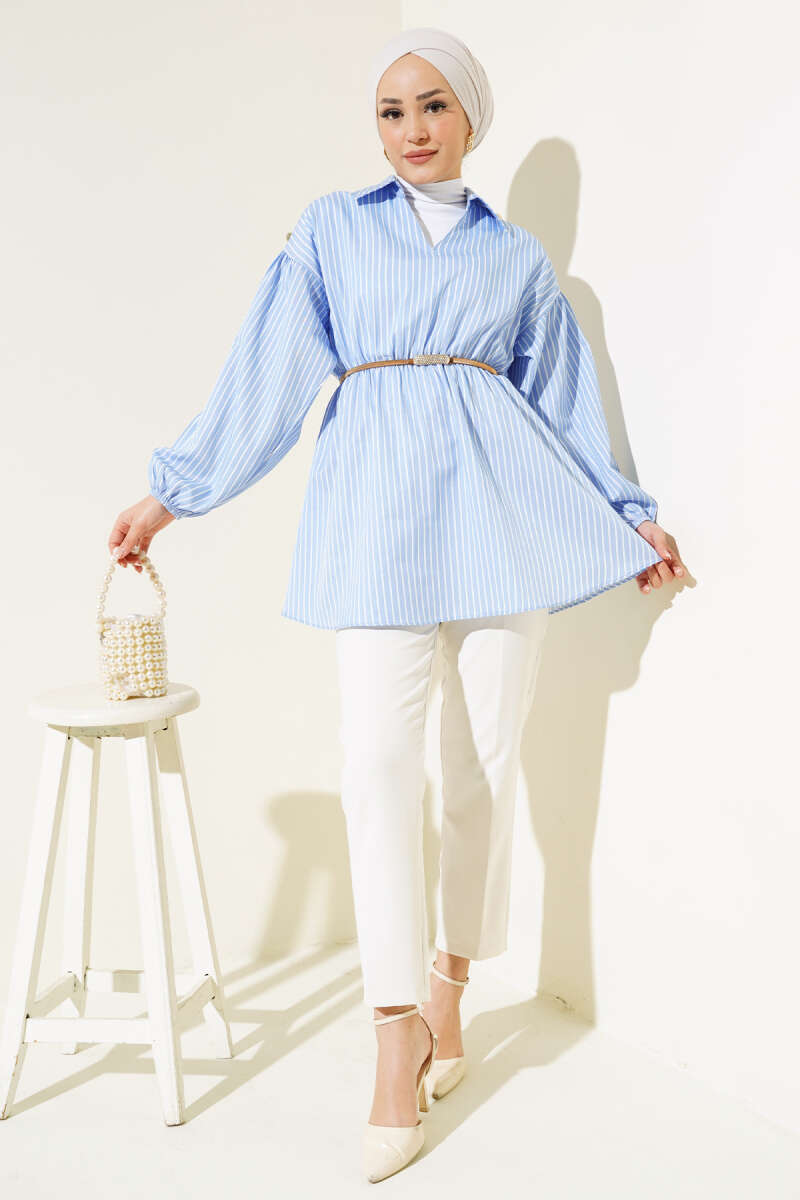 Striped Balloon Sleeve Waist Elastic Tunic Blue – Bild 2