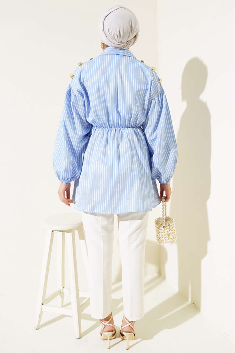 Striped Balloon Sleeve Waist Elastic Tunic Blue – Bild 3