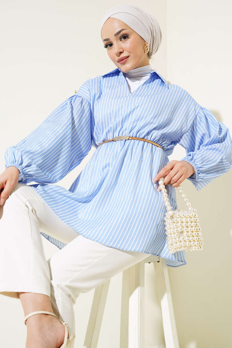 Striped Balloon Sleeve Waist Elastic Tunic Blue