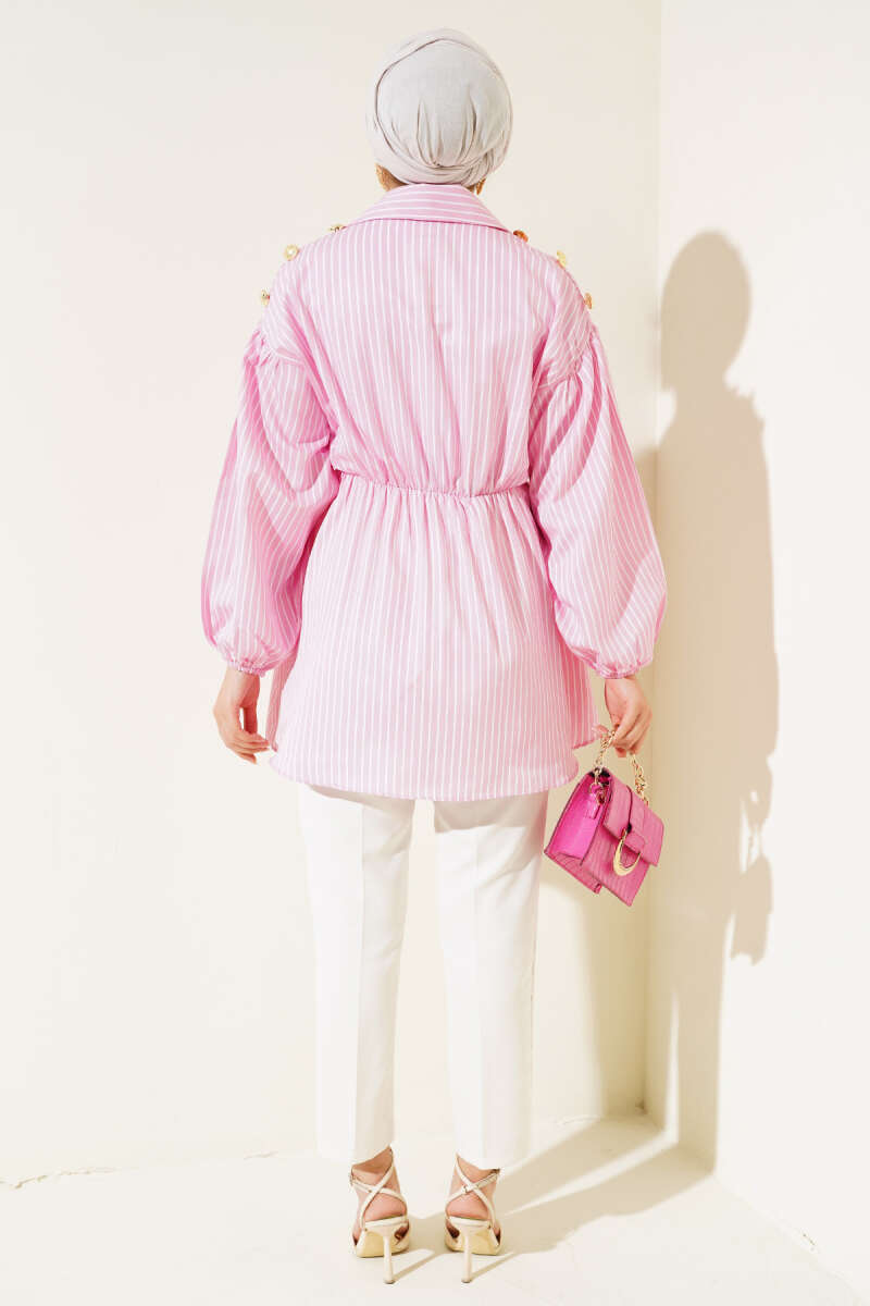 Striped Balloon Sleeve Waist Elastic Tunic Pink - الصورة 3