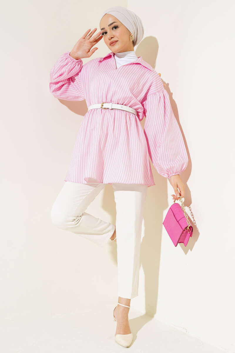Striped Balloon Sleeve Waist Elastic Tunic Pink - الصورة 2