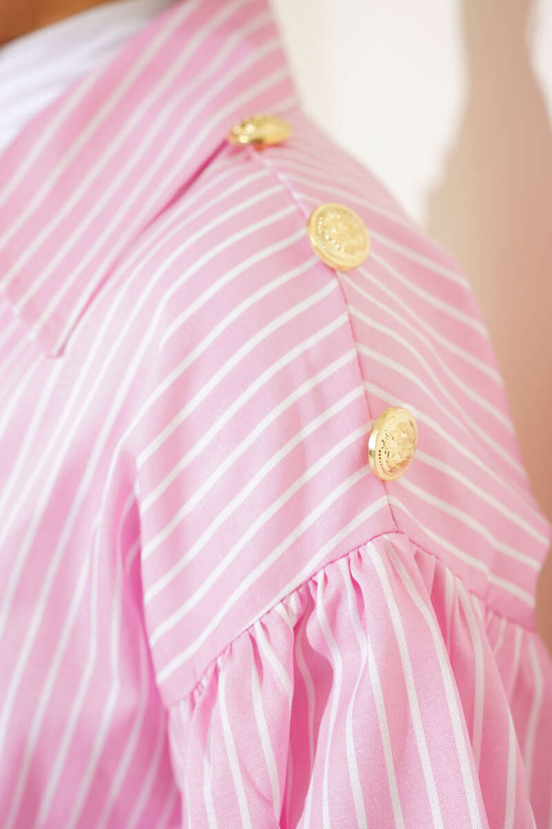 Striped Balloon Sleeve Waist Elastic Tunic Pink - الصورة 4