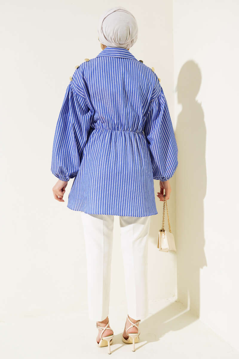 Striped Balloon Sleeve Waist Elastic Tunic Saxon Blue – Bild 3