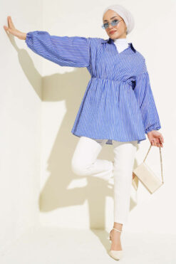Alternative view of Striped Balloon Sleeve Waist Elastic Tunic Saxon Blue