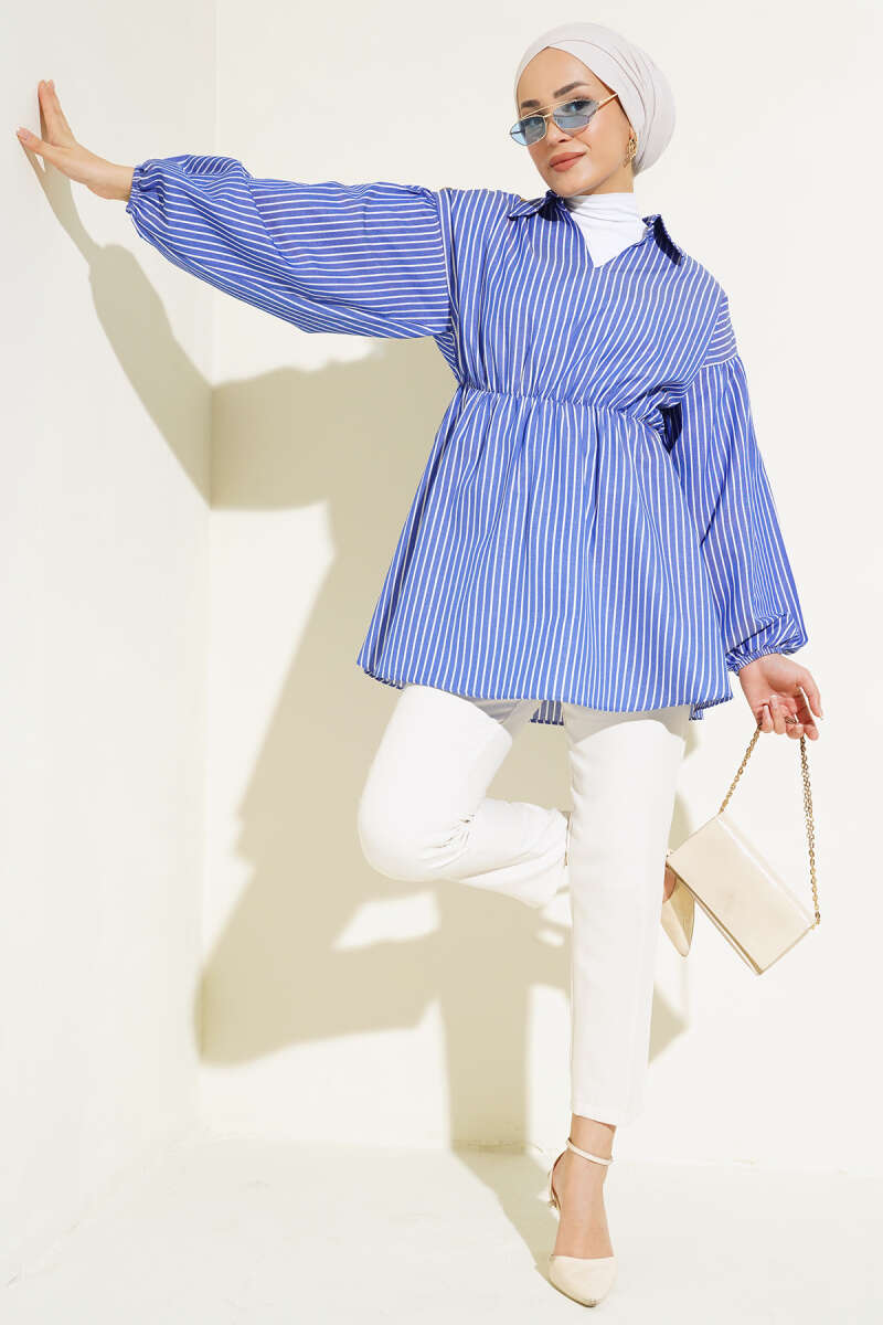 Striped Balloon Sleeve Waist Elastic Tunic Saxon Blue – Bild 2