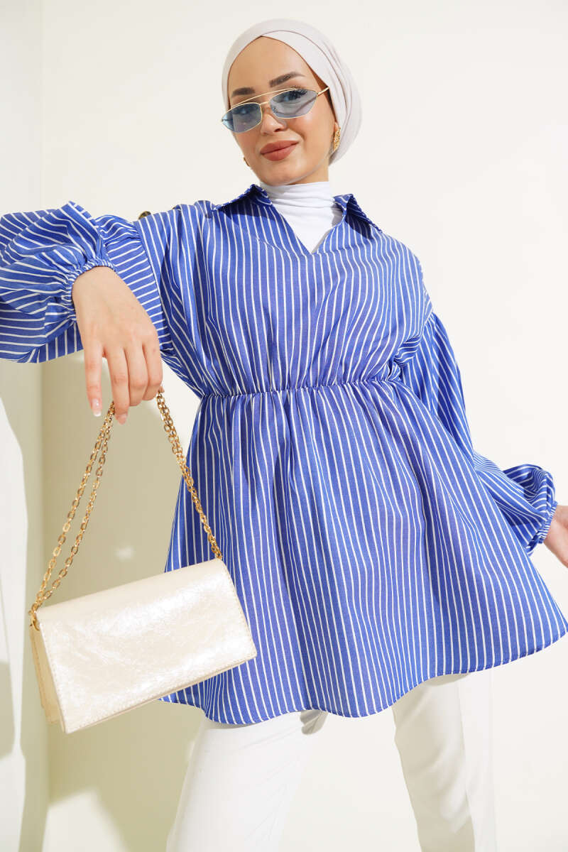 Striped Balloon Sleeve Waist Elastic Tunic Saxon Blue