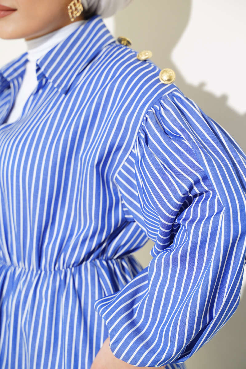 Striped Balloon Sleeve Waist Elastic Tunic Saxon Blue – Bild 4