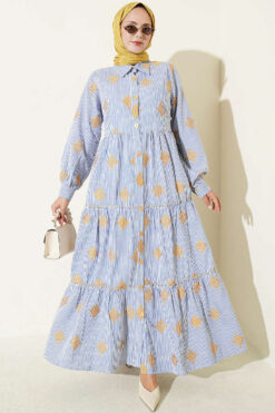 Striped Patterned Tiered Dress Blue