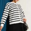 Striped Button Detail Short Knit Cardigan Ecru
