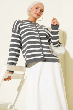Alternative view of Striped Button Detail Short Knit Cardigan Smoke