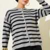 Striped Button Detail Short Knit Cardigan Grey