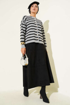 Alternative view of Striped Button Detail Short Knit Cardigan Grey