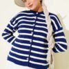 Striped Button Detail Short Knit Cardigan Navy Blue