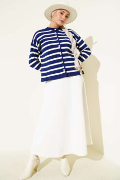Alternative view of Striped Button Detail Short Knit Cardigan Navy Blue
