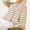 Striped Button Detail Short Knit Cardigan Latte