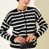 Striped Button Detail Short Knit Cardigan Black