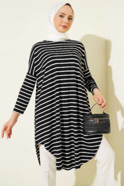 Striped Off-Shoulder Black Tunic Black