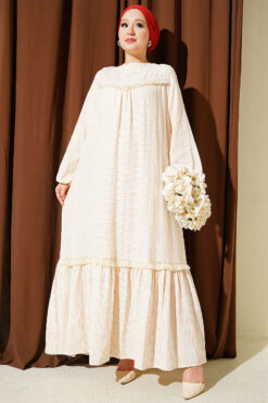 Striped Dress with Lace Detail Beige