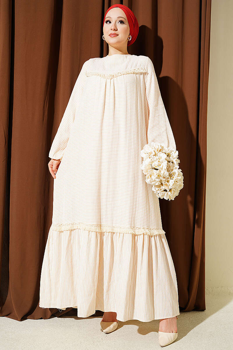 Striped Dress with Lace Detail Beige
