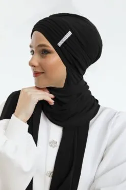 Wholesale Crystal Pleated Scarf Turban — purple pleated turban with crystal bar and draped scarf