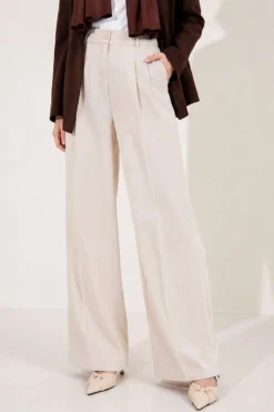 Buttoned Pleated Detail Palazzo Pants Beige