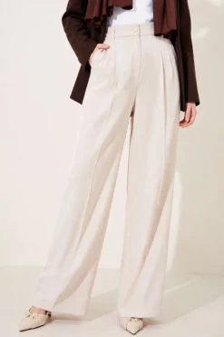 Alternatieve weergave van Buttoned Pleated Detail Palazzo Pants Beige