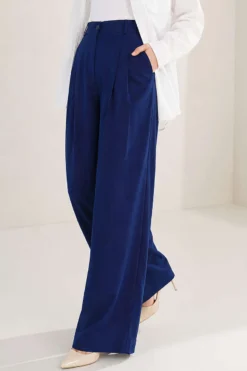 Buttoned Pleated Detail Palazzo Pants Navy Blue