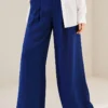 Buttoned Pleated Detail Palazzo Pants Navy Blue - immagine 2