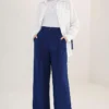 Buttoned Pleated Detail Palazzo Pants Navy Blue - immagine 3