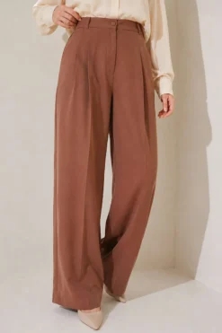 Buttoned Pleated Detail Palazzo Pants Tan