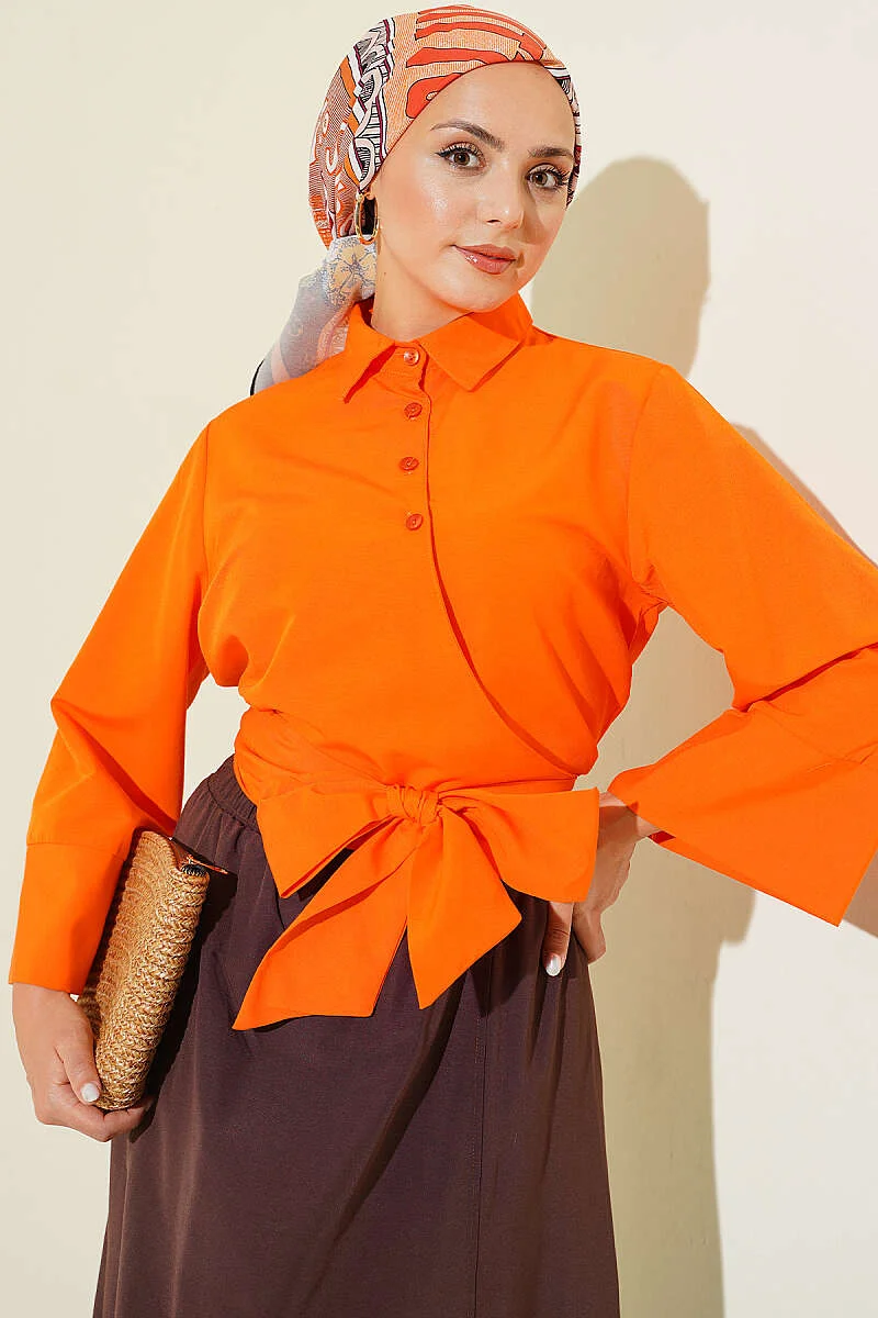 Buttoned Side Tied Short Shirt Orange