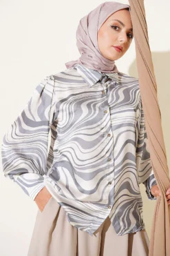 Wave Pattern Satin Shirt Grey