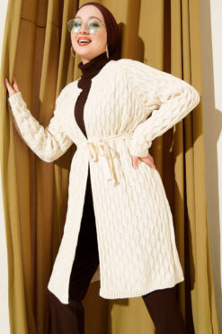 Textured Knit Cardigan with Drop Stitch Detail Ecru