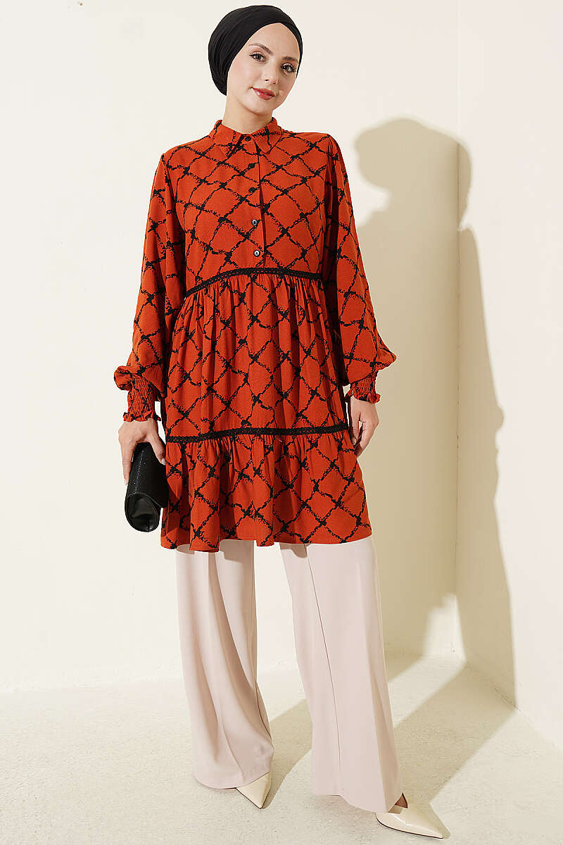 Lace-Detail Waistband Tunic Terracotta - الصورة 2