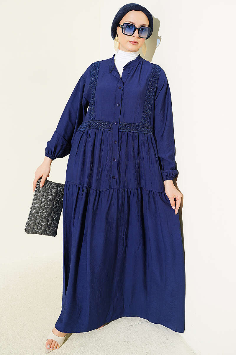 Lace Trim Buttoned Midi Dress Navy Blue