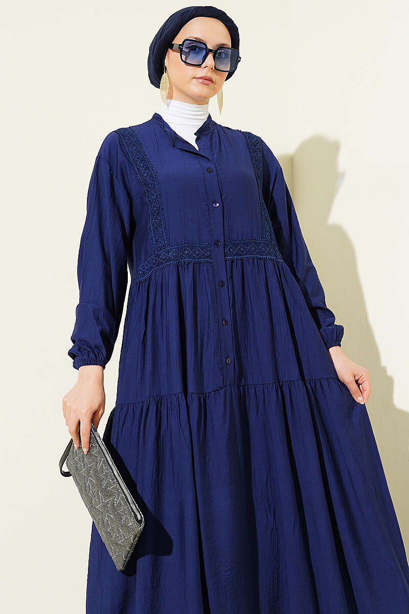 Lace Trim Buttoned Midi Dress Navy Blue - الصورة 2