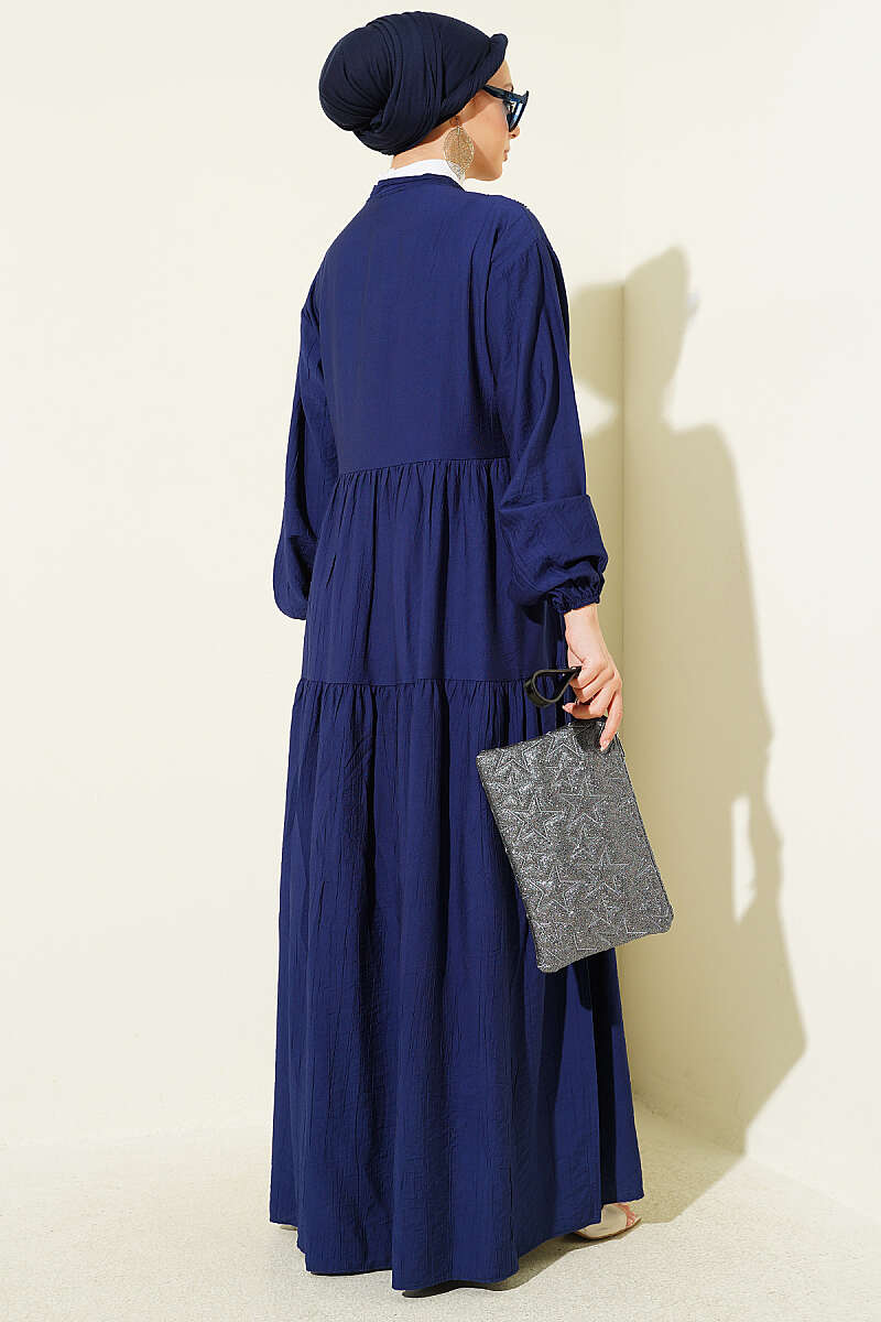 Lace Trim Buttoned Midi Dress Navy Blue - الصورة 3