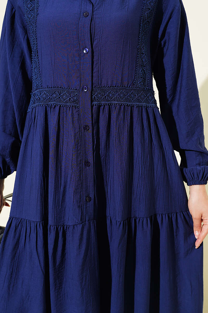 Lace Trim Buttoned Midi Dress Navy Blue - الصورة 4