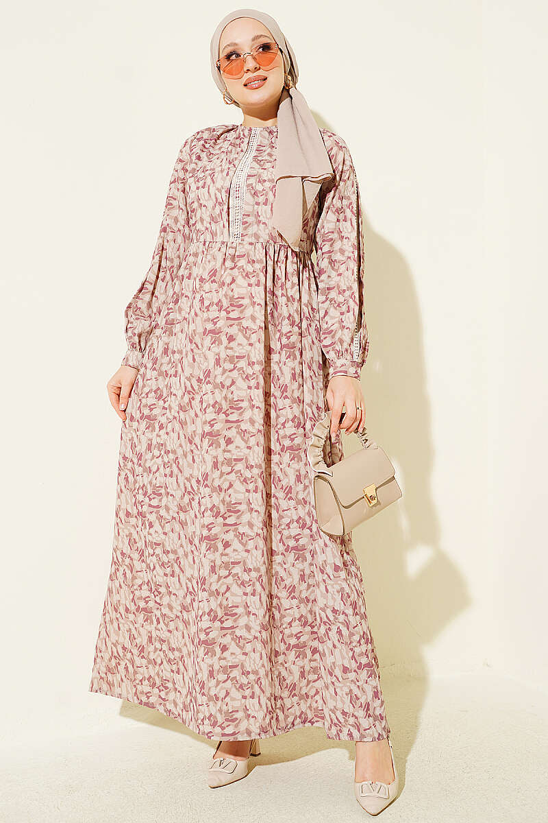 Lace-Trimmed Cuff Button Dress Beige