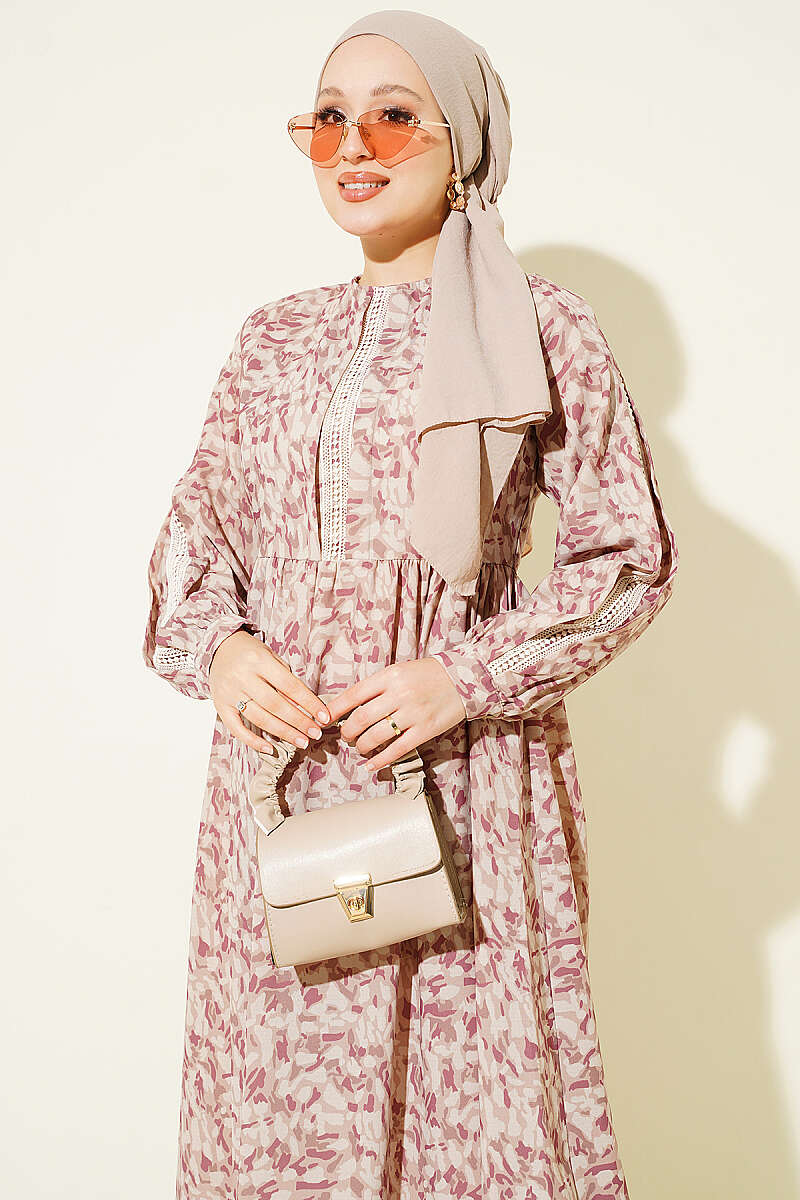 Lace-Trimmed Cuff Button Dress Beige - immagine 2