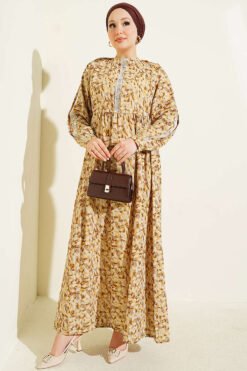 Lace-Trimmed Cuff Button Dress Mustard