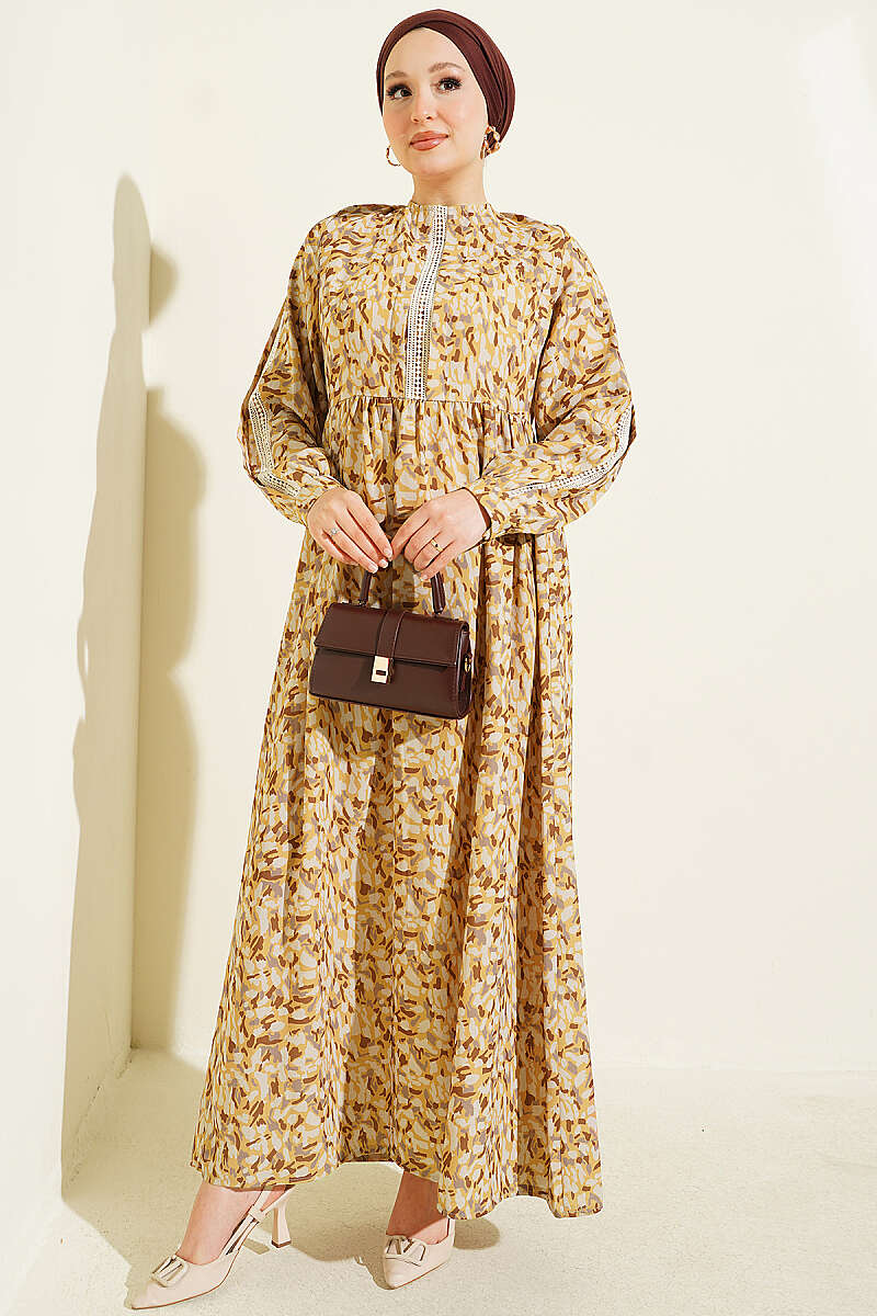 Lace-Trimmed Cuff Button Dress Mustard