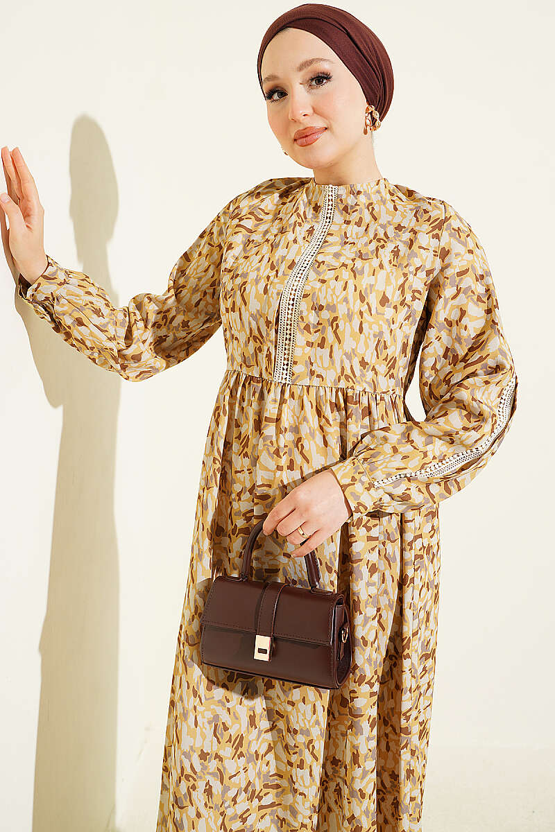 Lace-Trimmed Cuff Button Dress Mustard - Image 2