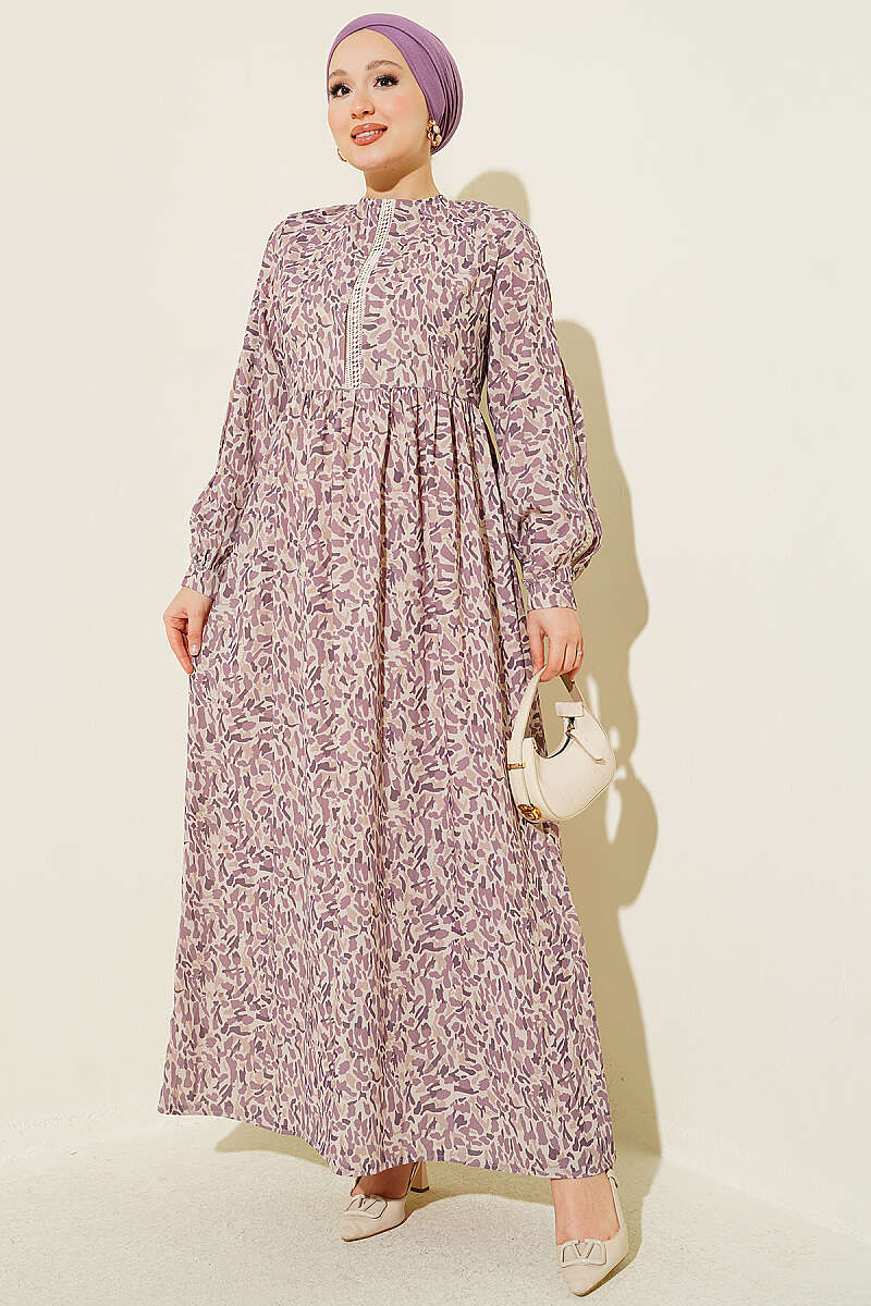 Lace-Trimmed Cuff Button Dress Lilac